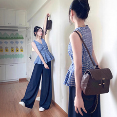 韩系蓝色格子V领无袖吊带背心女夏季2025新款收腰显瘦绝美小上衣