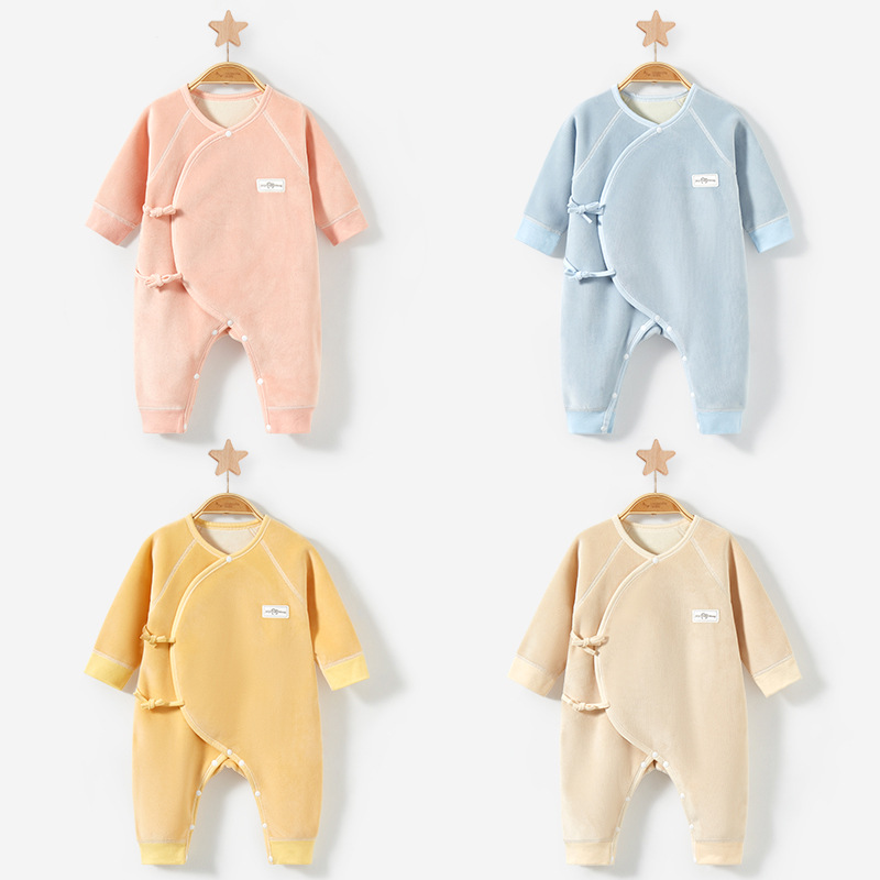 Newborn Baby Clothes for Spring, Autumn, and Winter, Newborn Monk-Style Fleece-Lined Romper, Base Layer for Boys and Girls, Warm One-Piece Outfit, Baby Autumn Clothing