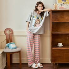 灰粉撞色条纹裤夏季睡衣自带胸垫甜美少女卡通可爱短袖T恤家居服