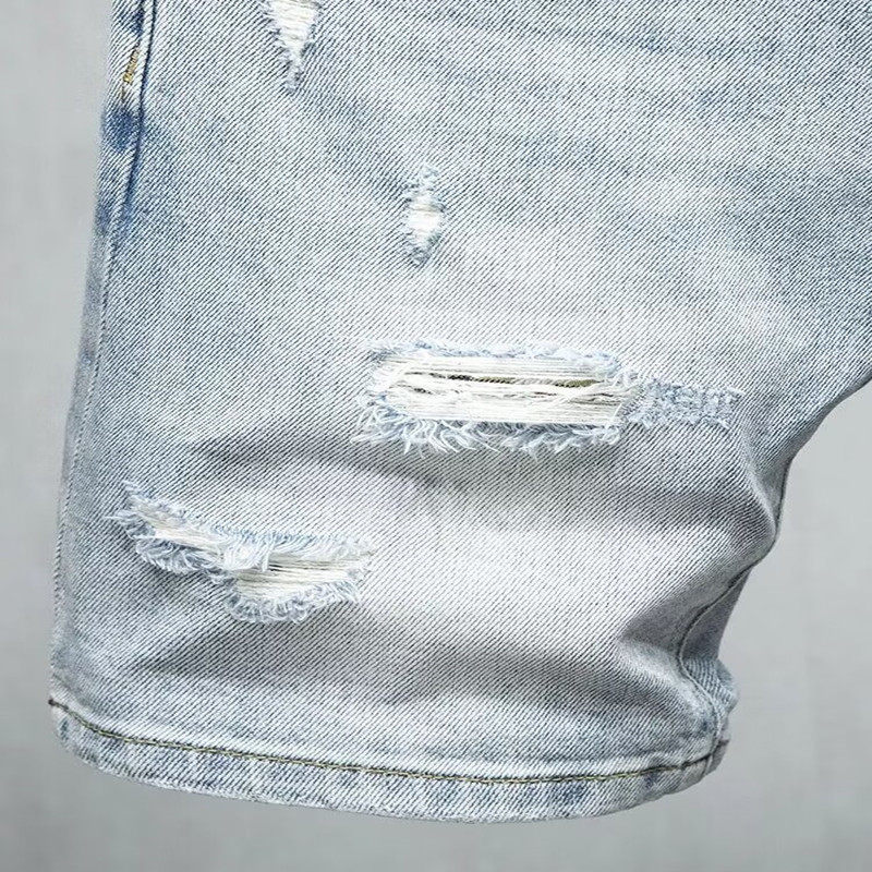 Men's Ripped Denim Shorts Light Blue Cropped Mid-Length New Summer Fashion_mkmklike.com