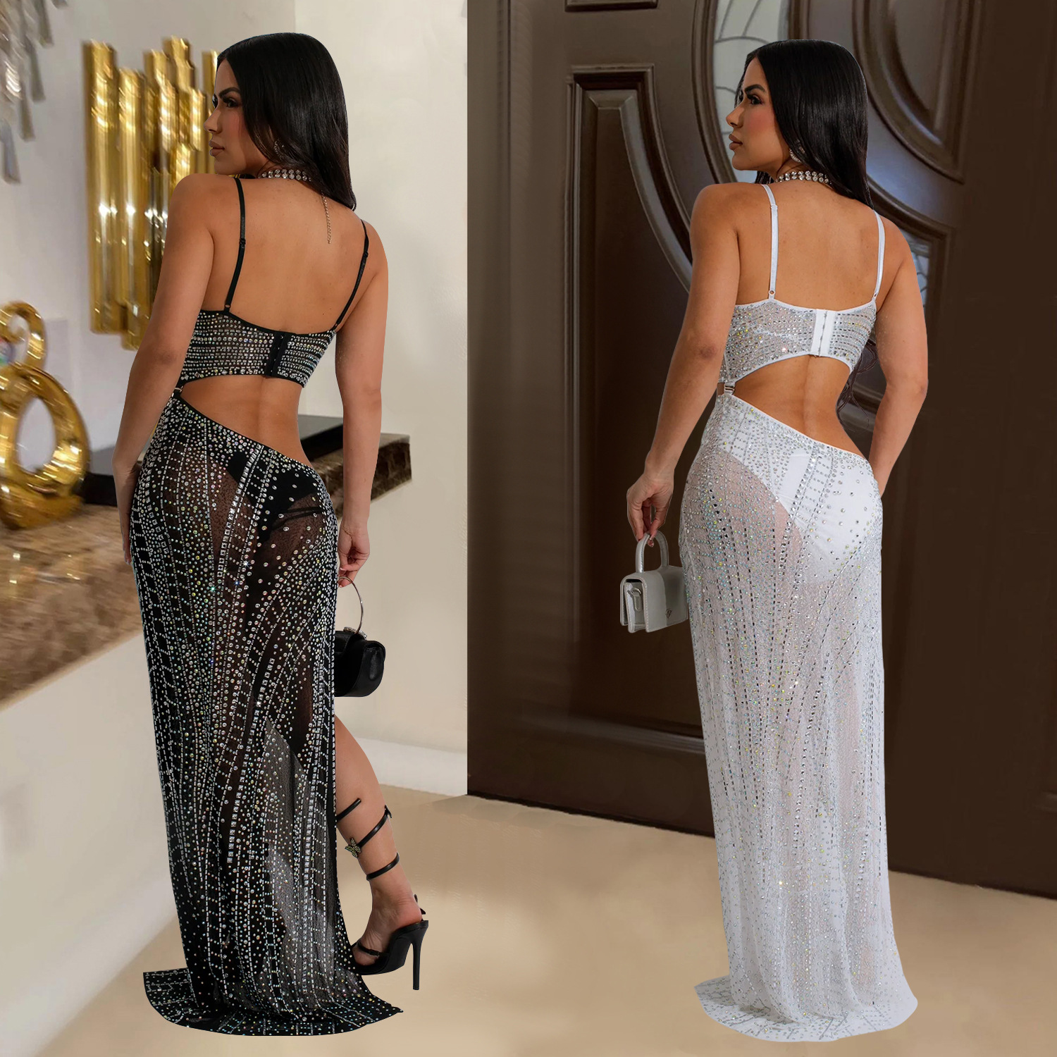 C6949 Cross-border AliExpress Estación independiente de Amazon Moda europea y americana Moda femenina Vestido transparente de diamantes calientes Largo image 3