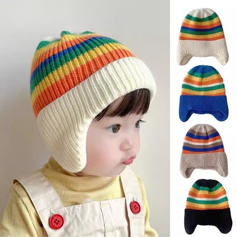 彩虹宝宝帽子秋冬款护耳帽男女儿童针织帽韩版保暖冬季婴儿毛线帽