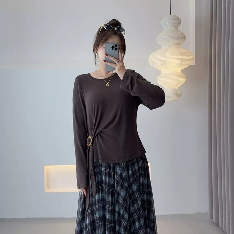 2025双天新款胖mm大码女装系带收腰长袖圆领T恤秋季上衣女9139