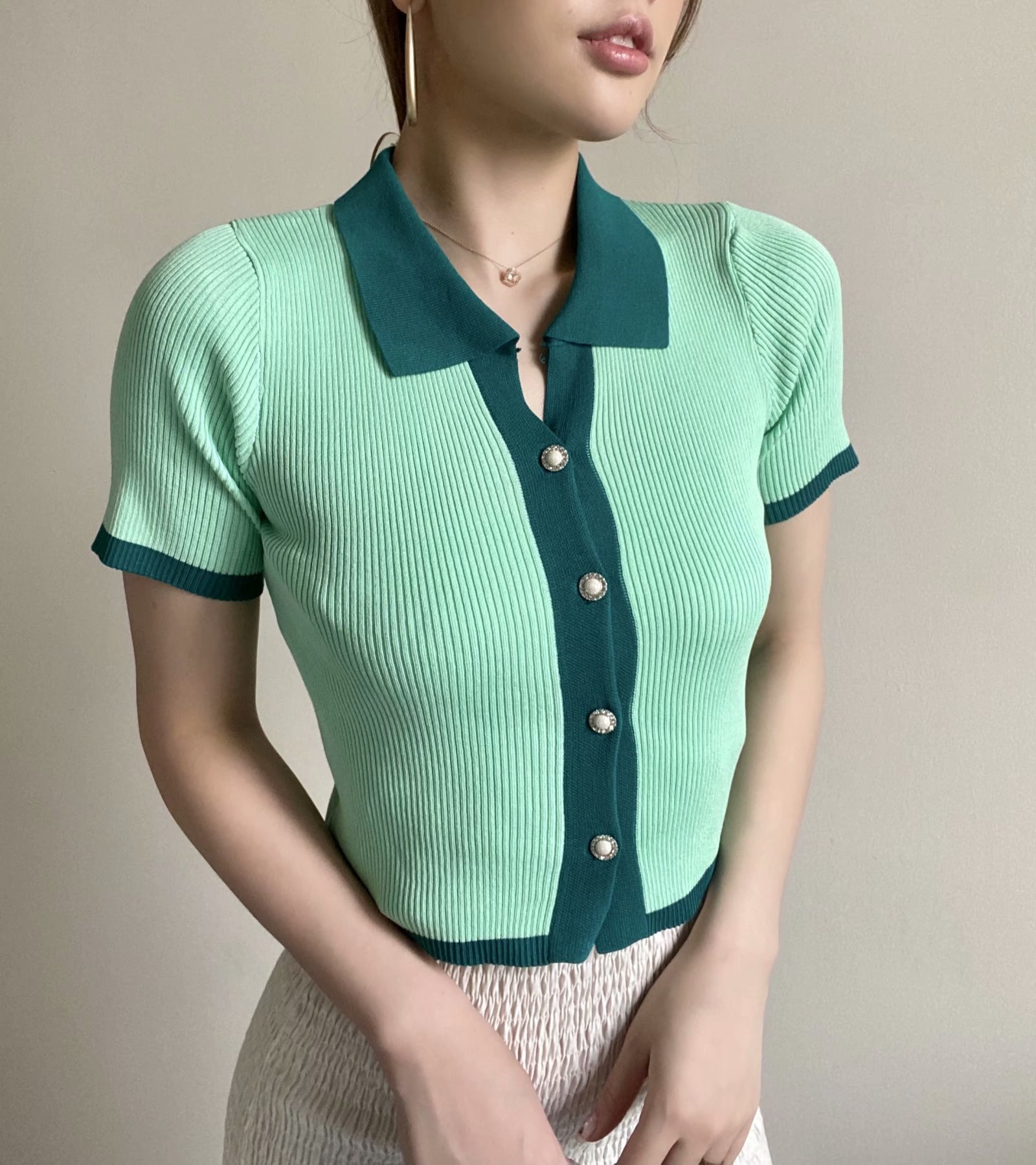 new ice silk color matching single-breasted POLO collar short-sleeved knitted blouse NSAM52290