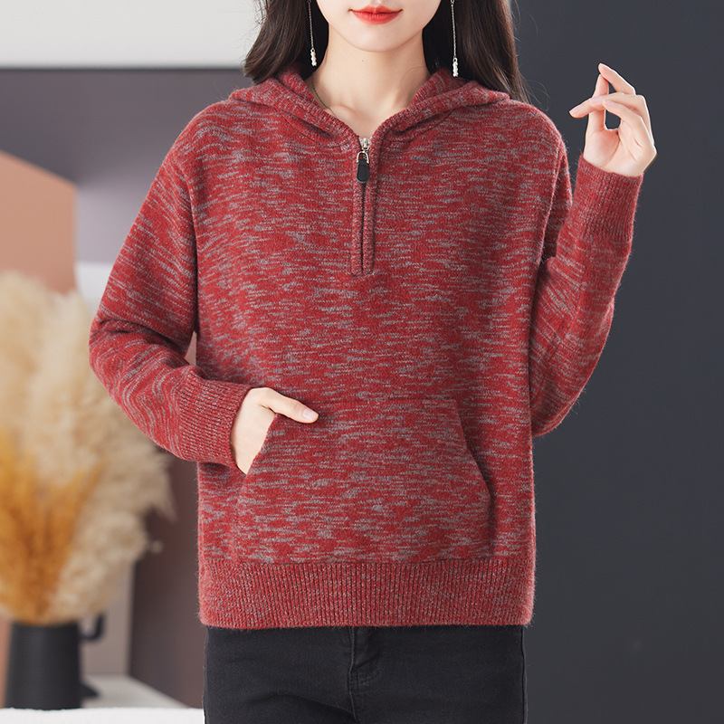 Spring elegant knitted sweater with zipper with hood