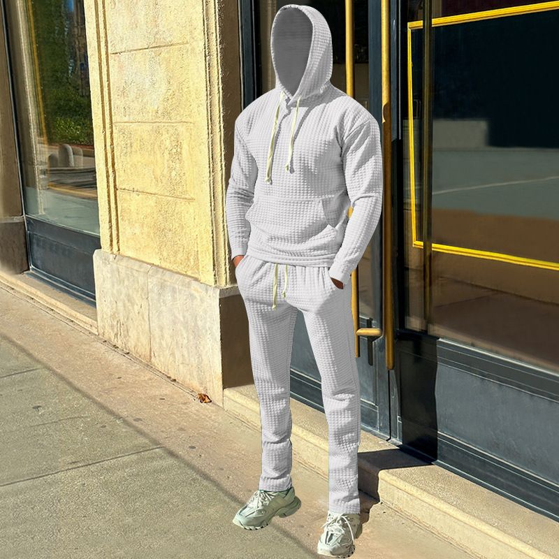 Independent autumn and winter men's jacquard small grid hooded sweatshirt, long pants, casual sports suit_voghion.com