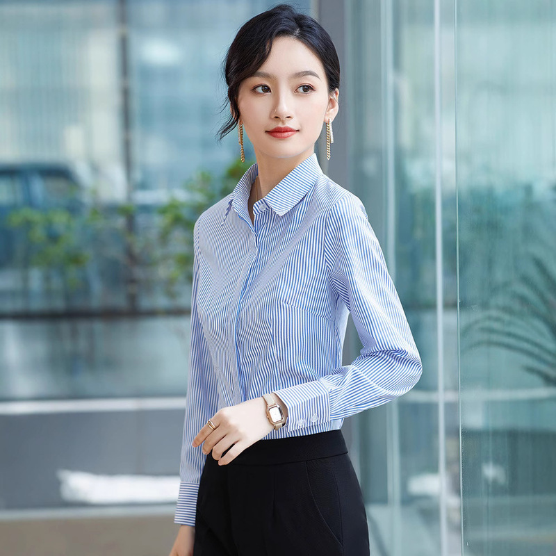 Professional Shirt Women's Long-Sleeved Blue and White Stripesd Bank Work Clothes Formal Autum New Slim Fine Vertical Stripesd Shirt Professional Shirt Women's Long-Sleeved Blue and White Stripesd Bank Work Clothes Formal Autum New Slim Fine Vertical Stripesd Shirt