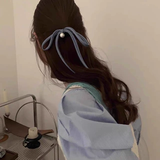 简约细长飘带发绳蝴蝶结珍珠吊坠发圈法式优雅扎头发皮筋发饰新款