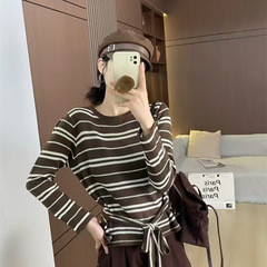 不规则绑带收腰显瘦薄款针织衫女秋季新款简约条纹打底毛衣潮397