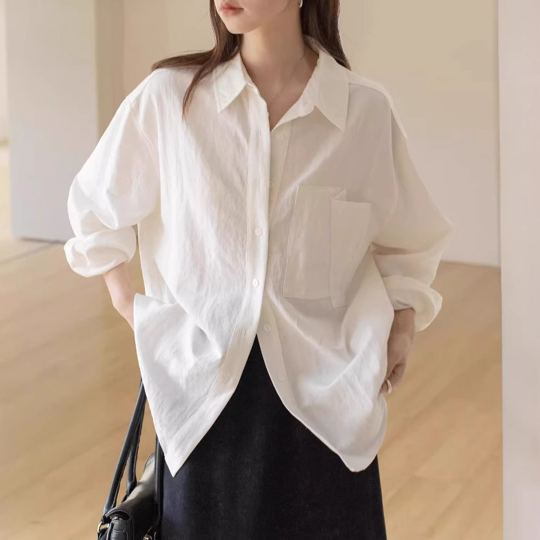 VEOOK純色シンプルな襟付きシャツ女性春夏2025新型カジュアルな大きなポケットが長袖の上着を垂らしている|undefined