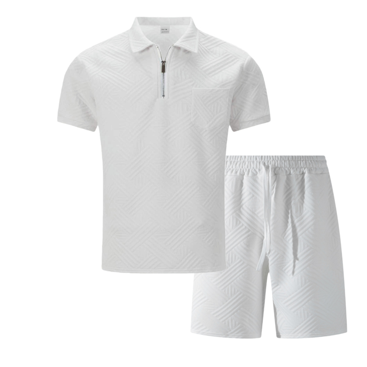 Zweiteiliges Herren-Set aus Waffelstrick, einfarbig, Sommer, Kurzarm, Shorts mit Tasche und Jacquard-Kragen._voghion.com
