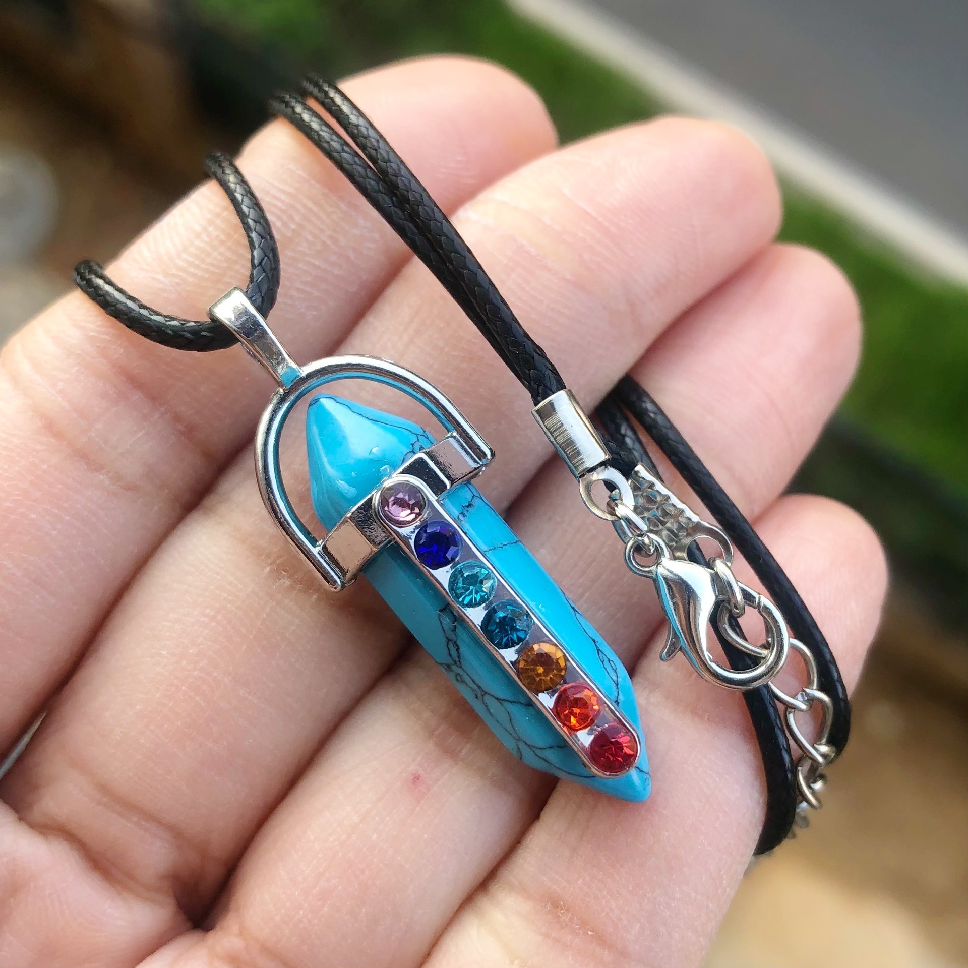Geometric Pattern Casual Retro Geometric Zircon Natural Stone Leather Rope Wholesale Pendant Necklace