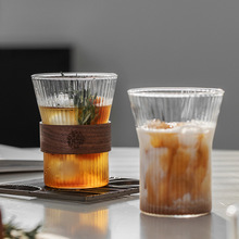 玻璃杯高颜值耐高温玻璃竖纹风琴杯带木圈隔热奶茶喝水杯子单层杯