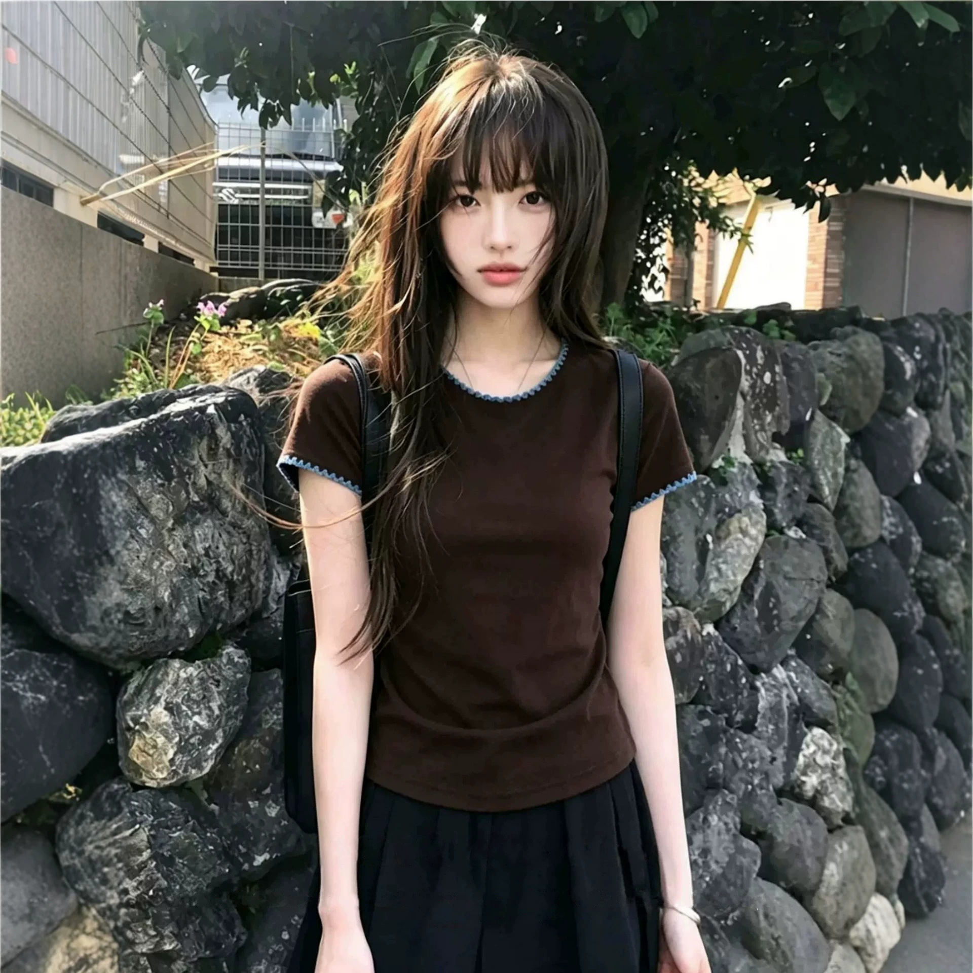 韩系撞色圆领贝壳边正肩短袖t恤女装2026夏季基础款修身显瘦上衣