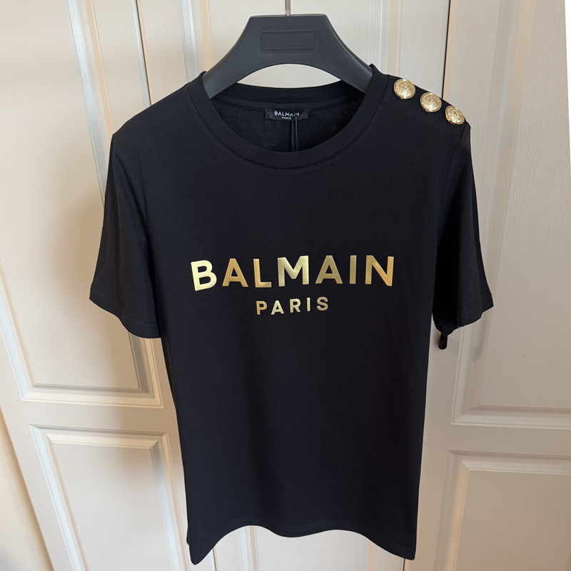 Balmain T-Shirt Hot Stamping Printed Letters Spring and Summer New Short-Sleeved Cotton Shoulder Gold Buckle Balmain Fashion Women's Clothing