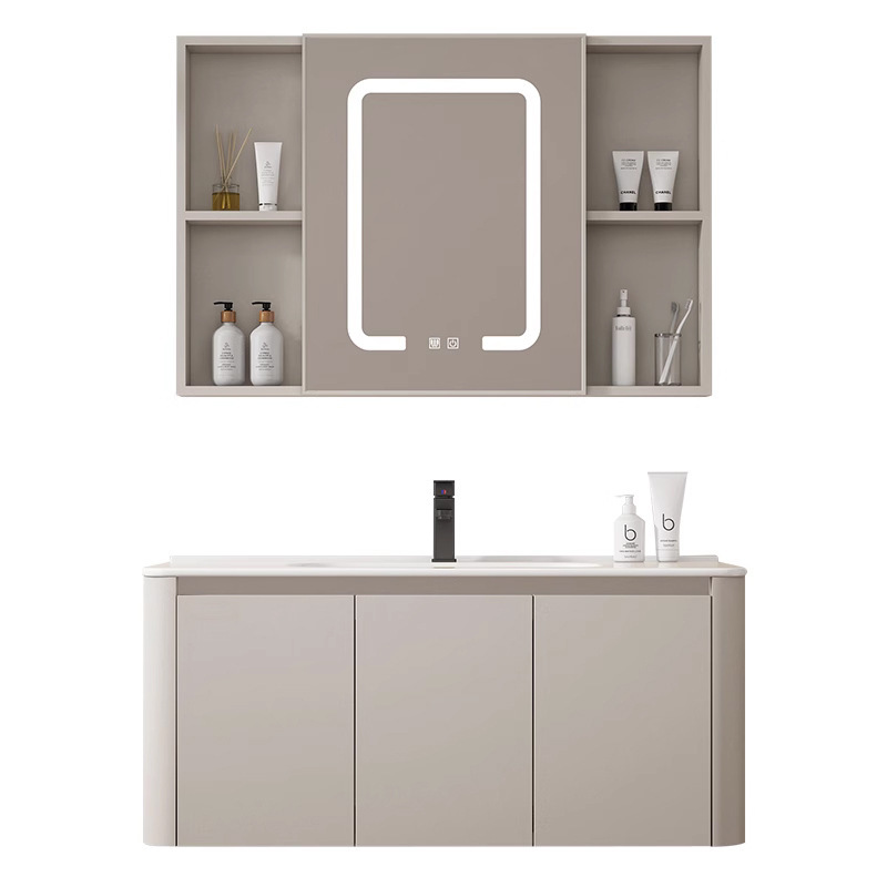 Instalación de aire de crema de aluminio espacio gabinete de espejo de baño combinación cerámica moderna lavabo lavabo gabinete de baño fabricante