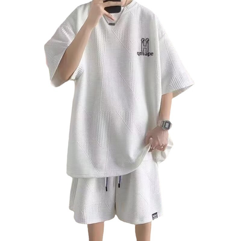Camisa menos ropa waffle camiseta para hombre verano suelta talla grande adolescente pantalones cortos de manga corta traje deportivo casual