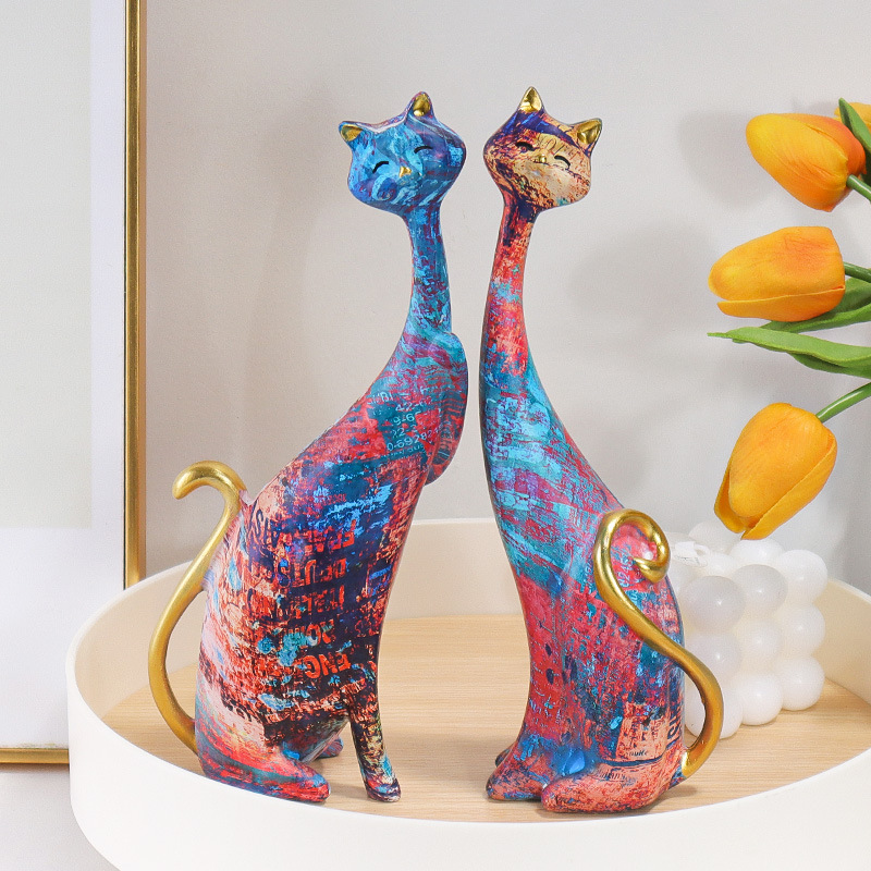 European-Style Home Decor with Faux Wood Grain, Oil Painting of Cats, Couple Cat Animal Ornaments, Valentine's Day Gift Resin Crafts