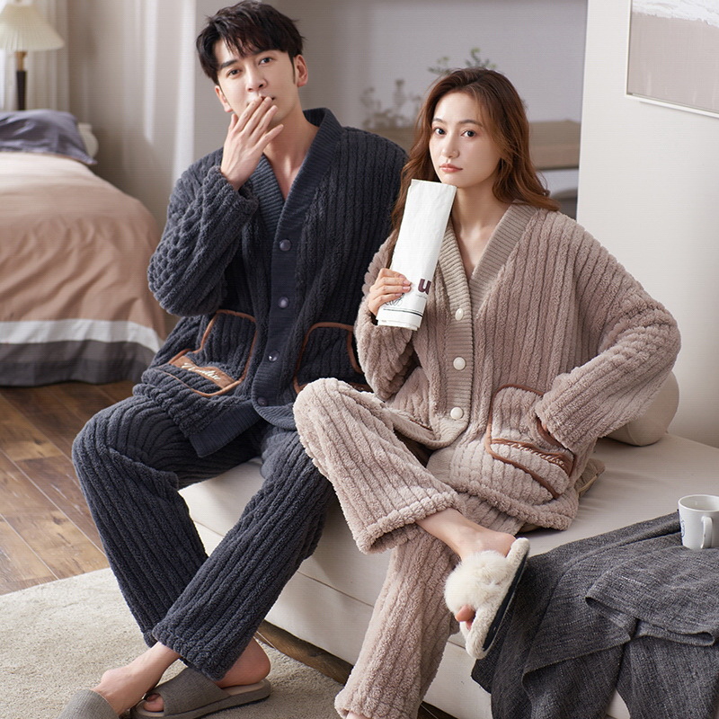 Coral polar pareja pijamas de invierno de las mujeres de manga larga kimono japonés con cuello en V estilo coreano de dibujos animados lindo traje de homewear de los hombres