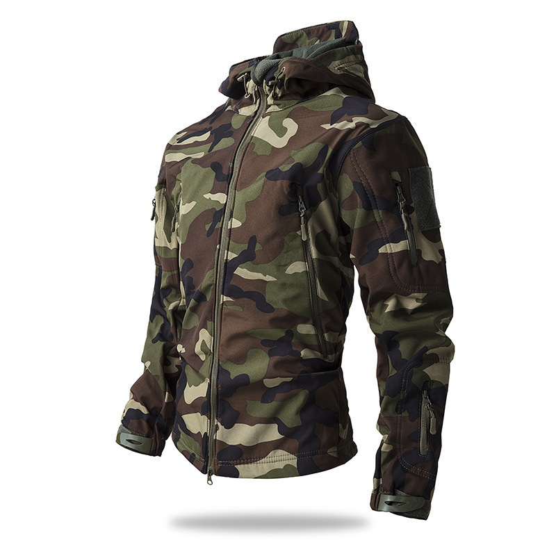 Cross-border European-style tactical military training jacket, men's outdoor softshell jacket, military-style fleece-lined camouflage jacket with hood Cross-border European-style tactical military training jacket, men's outdoor softshell jacket, military-style fleece-lined camouflage jacket with hood