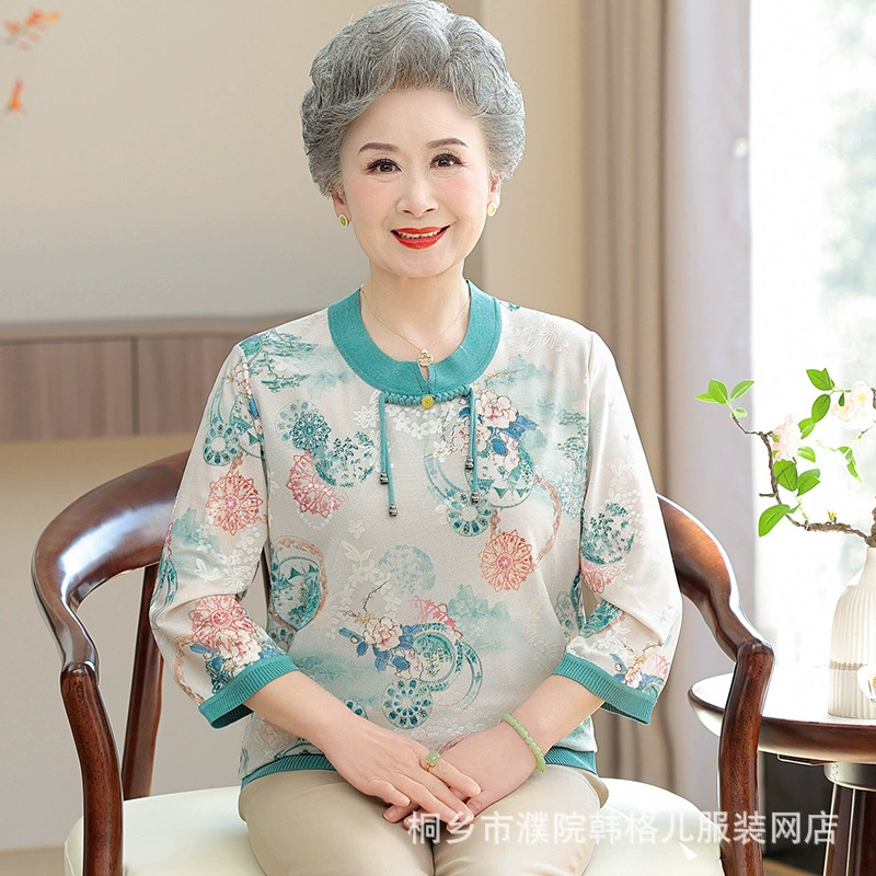 Бабушка летняя трикотажная футболка среднего и пожилого возраста топы женская мама иностранная толстовка со льдом с семью рукавами