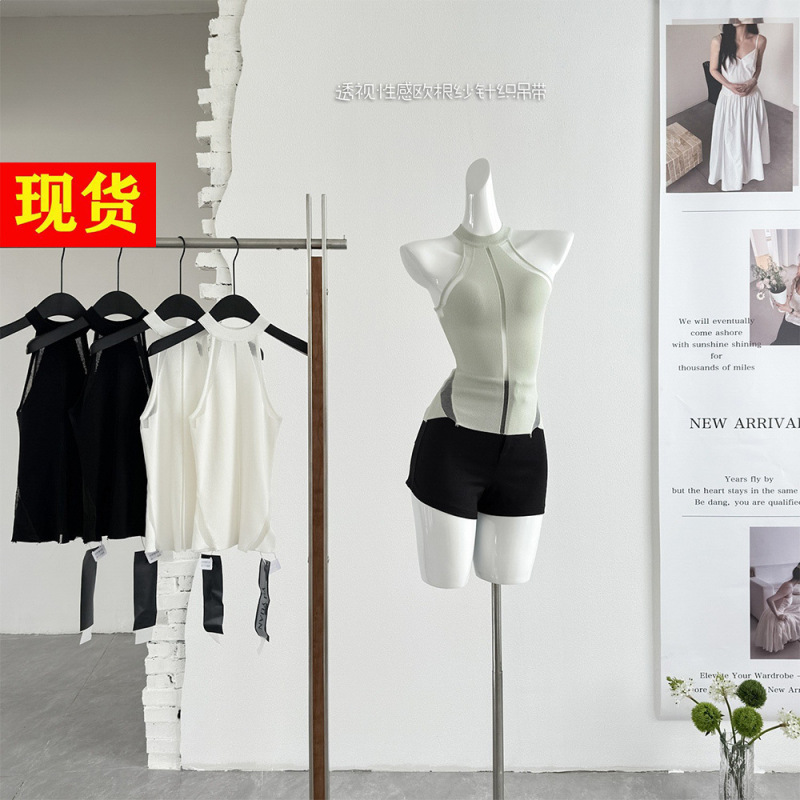 Fay Hollow Out Fantasy Spring/Summer New Style Waist-Cinching Sheer Sexy Organza Knitted Camisole Top