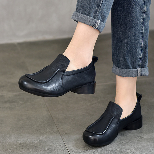 Genuine leather retro single shoes, women's medium heel round toe women's shoes, 2024 spring and summer new style, soft sole, soft leather handmade women's shoes, mother's shoes