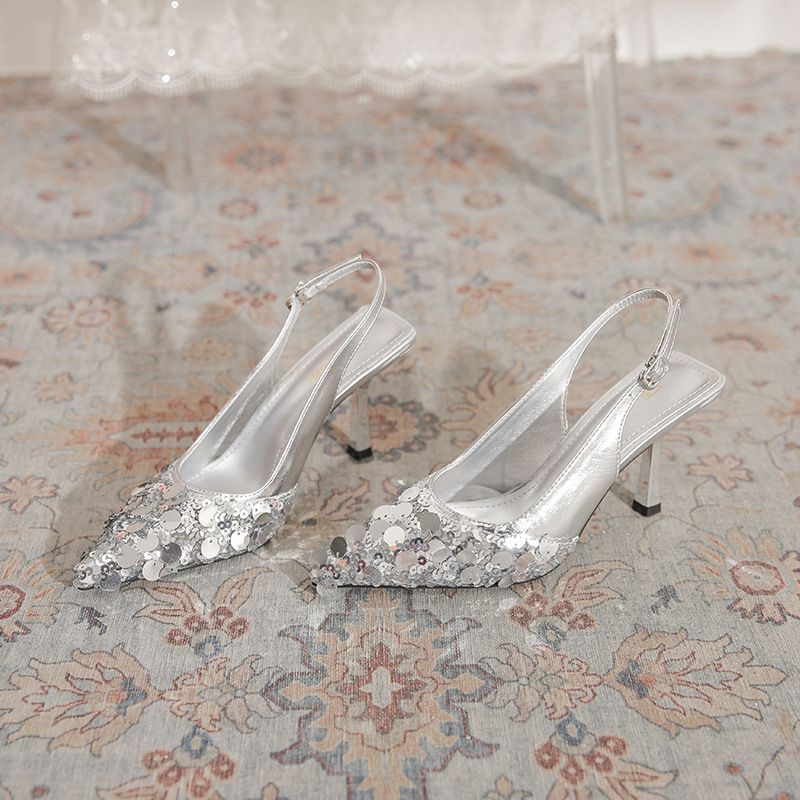 Pointed Toe Stiletto High Heels Sequined Silver Women's Summer New Fashion Versatile Shallow Mouth Buckle Strap Commuter Sandals Pointed Toe Stiletto High Heels Sequined Silver Women's Summer New Fashion Versatile Shallow Mouth Buckle Strap Commuter Sandals