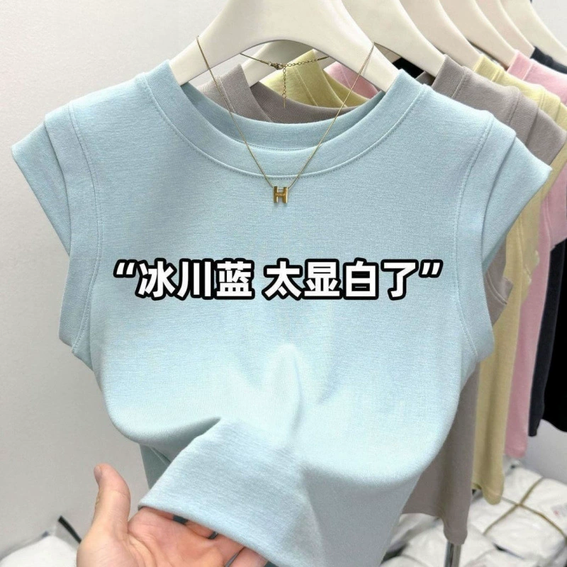 Новая летняя синяя хлопковая футболка с круглым вырезом и летящими рукавами, женская дизайнерская нишевая тонкая верхняя одежда, модный топ с маской