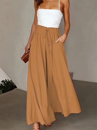 Chic High Waist Wide Leg Pants with Elastic Waistband Solid