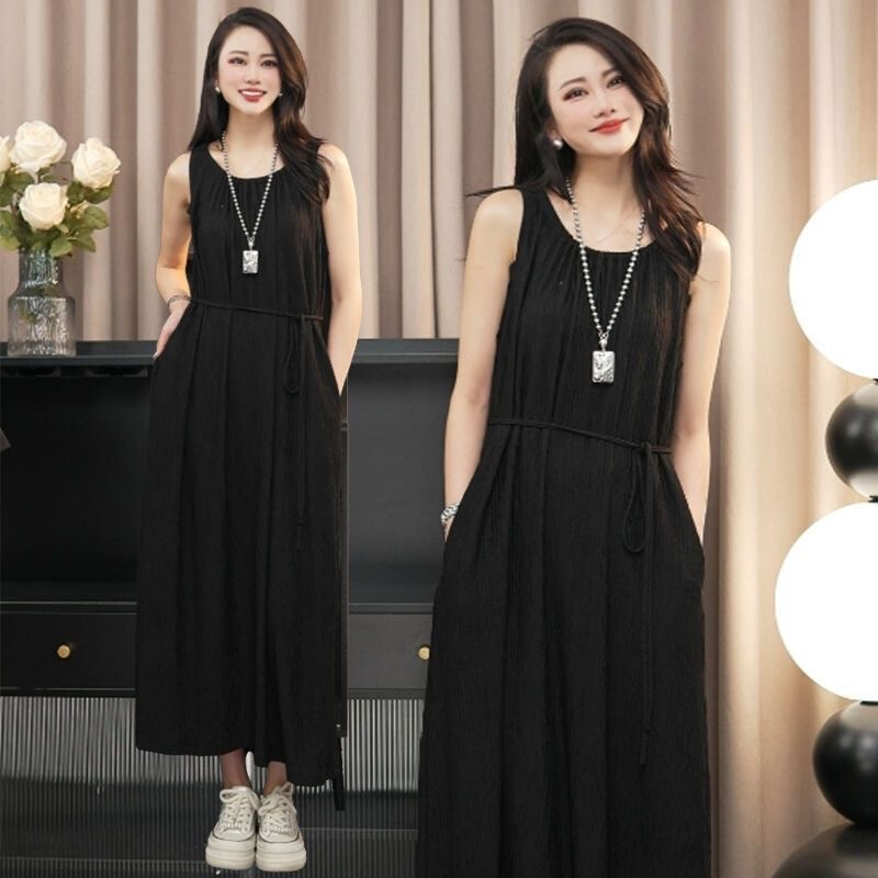 2025 New French Style Black Dress Pleated Niche Design Thin Strap Waist Vest Long Skirt