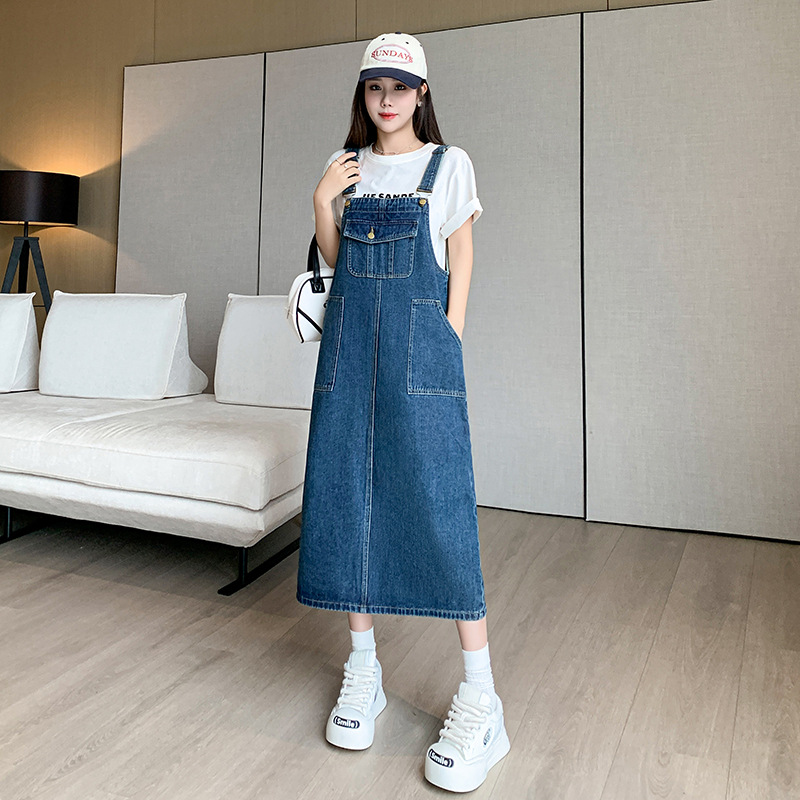 实拍实价 2025新款宽松休闲百搭牛仔背带裙中长款显瘦连衣裙女