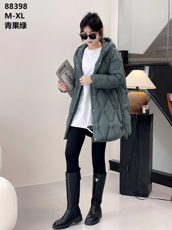 Korean style casual hooded mid-length high quality down jacket winter rhombus loose white duck down simple coat Korean style casual hooded mid-length high quality down jacket winter rhombus loose white duck down simple coat
