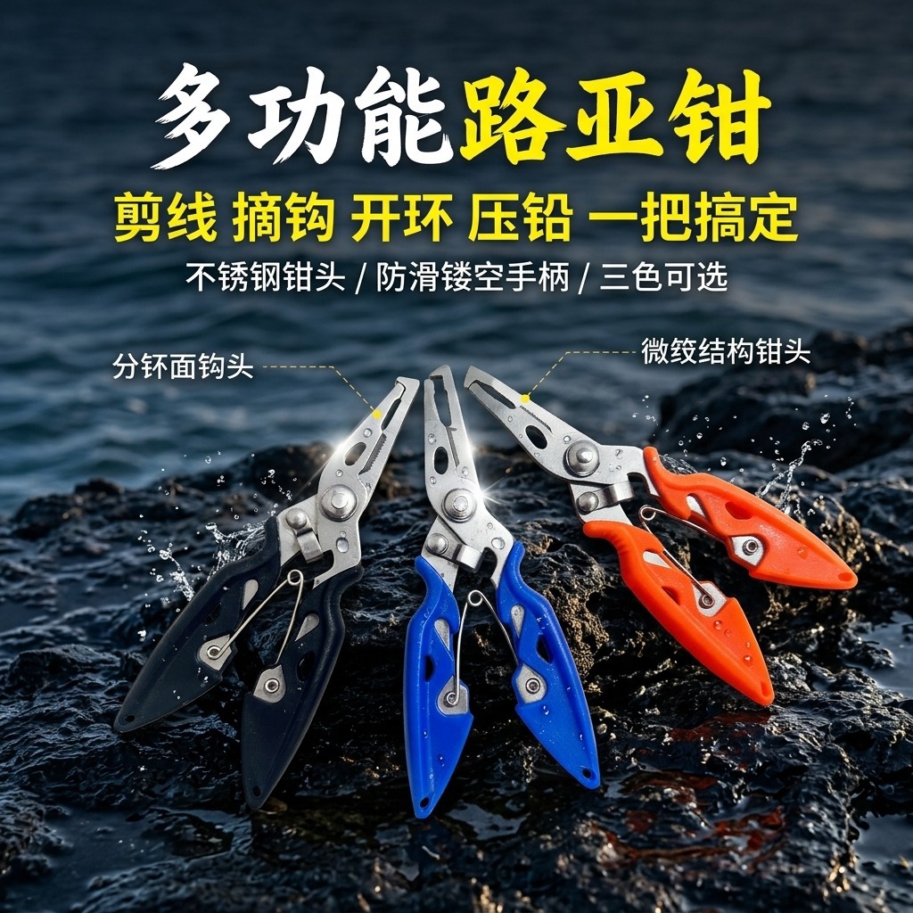 Six-in-one lure pliers, multifunctional fishing scissors, line cutter, fishing pliers, hook remover, hook tying tool, lure pliers