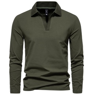 Autumn and winter New Amazon American retro T-shirt lapel solid color men's long-sleeved polo shirt bottoming shirt top