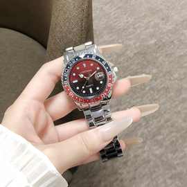 银红配色男士机械手表潜水表风格日历显示不锈钢表带潮流腕表个性