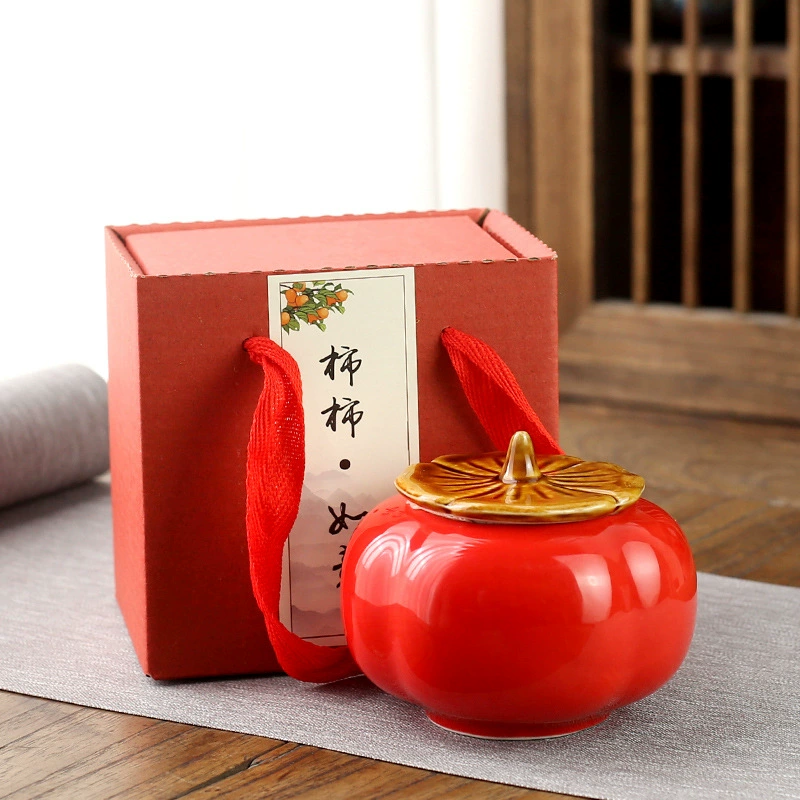 Ceramic Sugar Jar (Persimmon Ruyi) Persimmon Shape, Glazed Gift Box Options, 10×13.8 cm