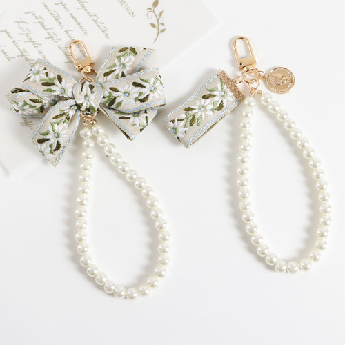New retro long pearl bracelet keychain creative shell wide-brimmed webbing airpods bag accessories hanging