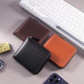 新款2024男士钱包短款 碳纤维纹商务大容量拉链包卡包围链包