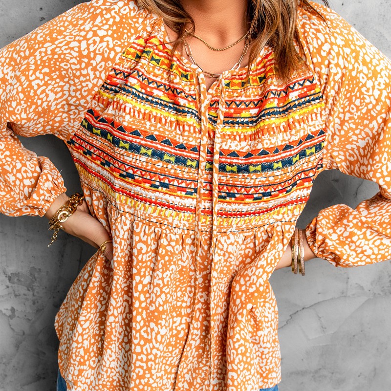 时颖亚马逊雪纺衫女秋季新款圆领民族风刺绣拼接灯笼袖雪纺上衣女