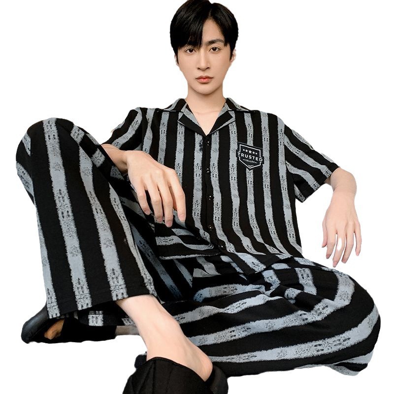 Pajamas de algodón para hombres coreanos, pantalones largos de mangas cortas de verano, ropa delgada para hombres, set de ropa exterior