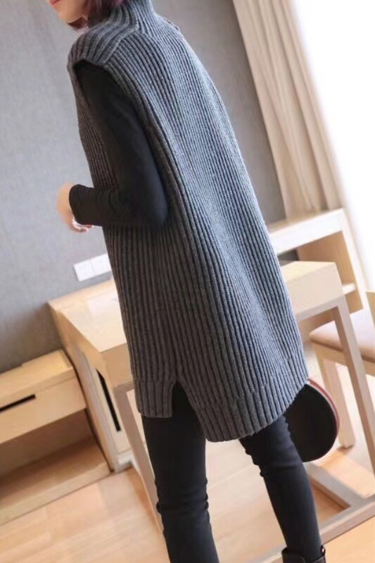 Autumn and Winter Mid-Length Korean Style Loose Slimming Sleeveless Sweater Fashionable Slit High Collar Knitted Vest Vest for Women to Wear Outside