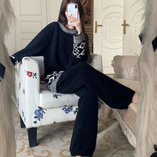 韩系复古菱格提花半边绒冬季新款加绒加厚慵懒毛衣套装大码家居服