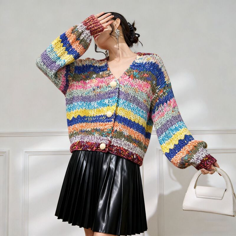 Autumn and Winter New Heavy-Duty Handmade Thick Stick Needle Rainbow Hand-Knitted Lazy Style Sweater Loose Knitted Cardigan Women's Jacket Autumn and Winter New Heavy-Duty Handmade Thick Stick Needle Rainbow Hand-Knitted Lazy Style Sweater Loose Knitted Cardigan Women's Jacket