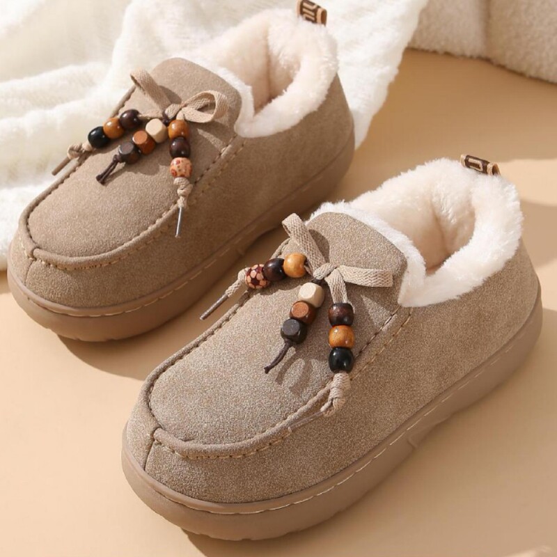 Offline Wholesale Fleece-Lined Warm Cotton Slippers for Autumn and Winter Women's Imitation Leather Beaded Bag Heel Cotton Shoes That Can Be Worn Outside