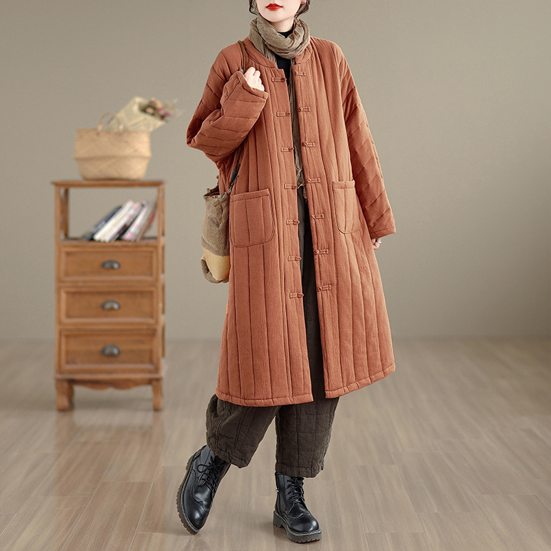 3色新中式立领盘扣棉麻棉袄女长款2025冬季新款纯色夹棉棉服棉衣