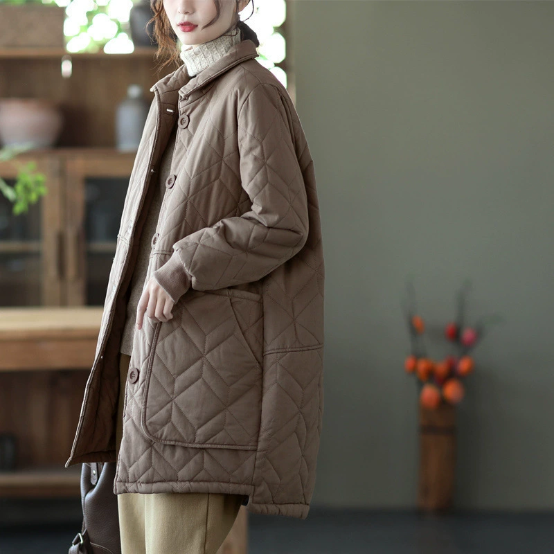 Demi-season long quilted down jacket with diamond pattern, mid-length