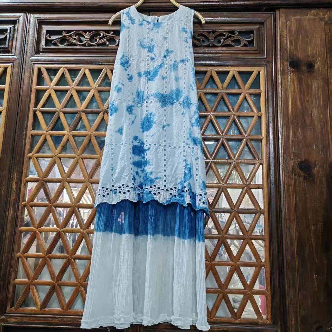 贵州云南纯植物板蓝根手工扎染蓝色连衣裙文艺长裙连衣裙