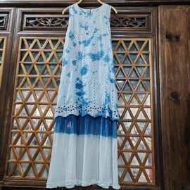 贵州云南纯植物板蓝根手工扎染蓝色连衣裙文艺长裙连衣裙