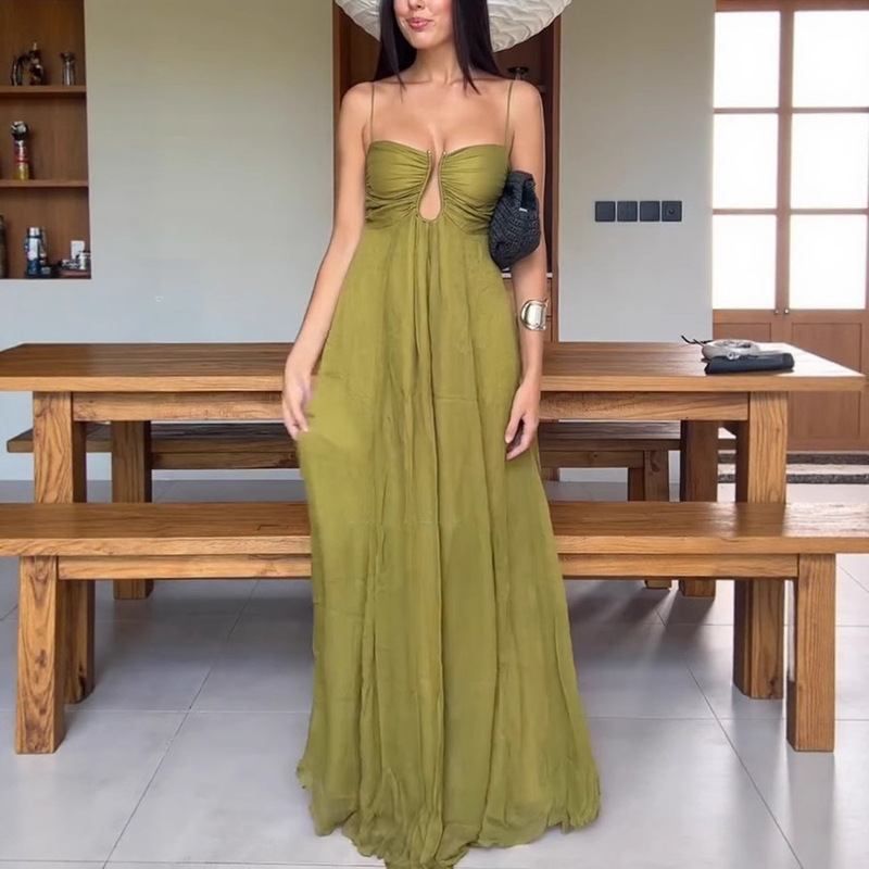 2026 New Model for Foreign Trade and Cross-Border Sales: European and American Summer Sexy Spaghetti Strap U-Shaped Design Vacation Long Dress for Women 2026 New Model for Foreign Trade and Cross-Border Sales: European and American Summer Sexy Spaghetti Strap U-Shaped Design Vacation Long Dress for Women